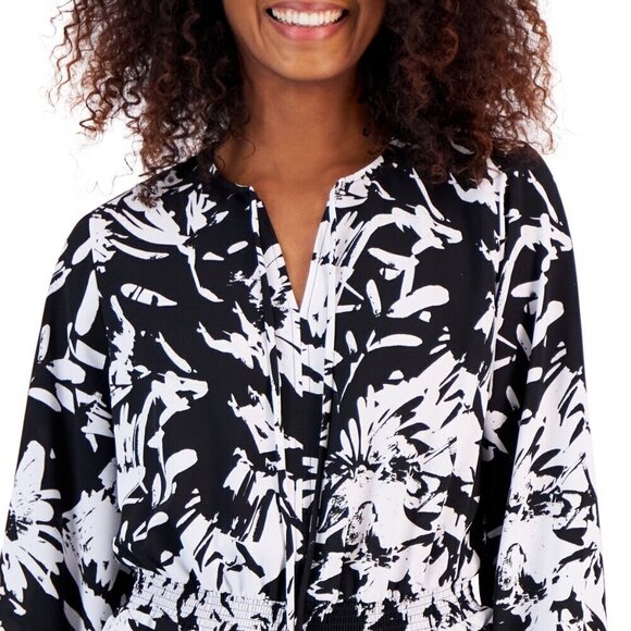 Alfani Petite XL White & Black Printed Smocked Blouson Long-Sleeve Top NWT - Picture 3 of 6